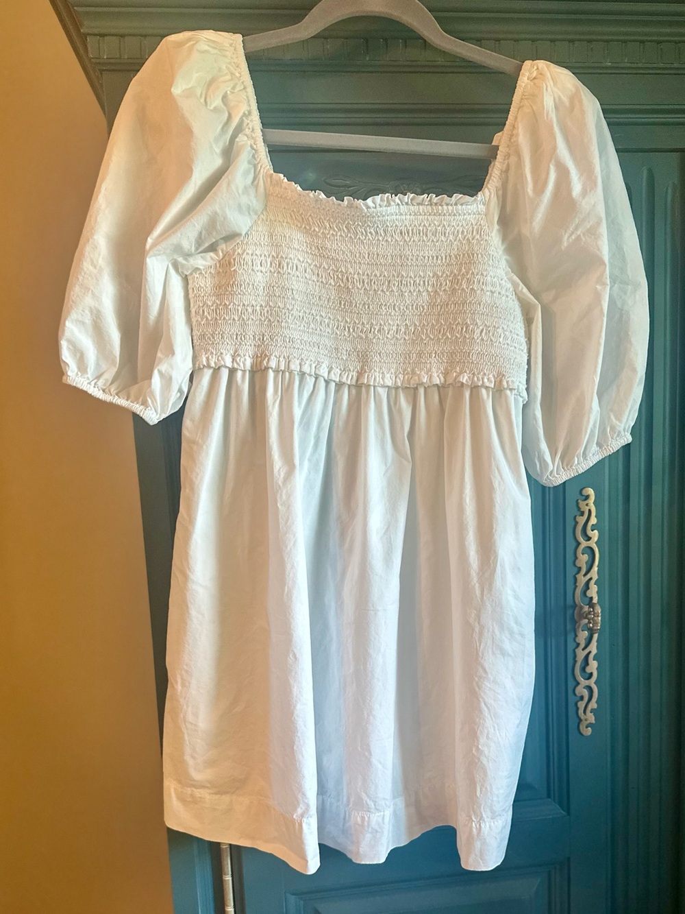 aerie White Smocked Puff Sleeve Mini Dress